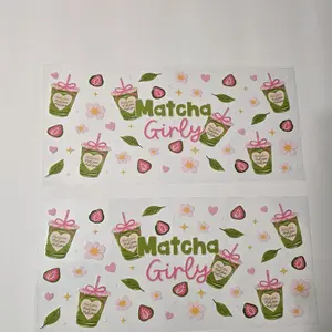 Matcha Girly 16oz UV DTF Wrap with Floral and Leaf Design for Creative Projects