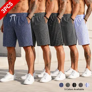 Summer 3-pack men’s mid-thigh shorts — sexy/romantic, lightweight and breathable, elastic waistband with drawstring; athletic/casual beach plaid shorts