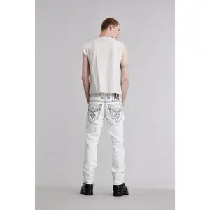 rr Men's High-Stretch Straight Denim Jeans - Embroidery Design, Leather Accents, Graphic Detailing, Full-Length Streetwear Menswear Bottoms