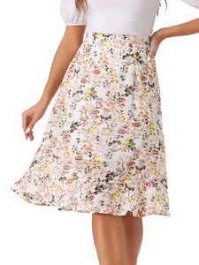 INSPIRE CHIC Summer Ruffle High Waist Flowy A-Line Split Knee Length Floral Midi Skirt White