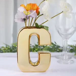 Ceramic Letter "C" Vase Shiny Gold Plated 6" - Stylish Bud Planter Pot for Table Centerpieces