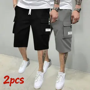 Men’s 2-Piece Shorts Set (Gray/Black/Khaki) — Angled Pockets — Versatile Casual Wear — Suitable for Everyday Use — Multi-Pocket Design with Side Cargo Pockets, Tagging Design