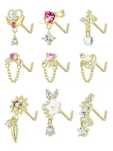 9-Piece 20g Swing Nose Ring Set for Women, Stainless Steel L-Shaped Nose Studs with Heart Arrow Feather Snowflake, Artificial Zircon and Cz, Elegant Jewelry for All Seasons