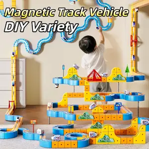 Electric train set with interlocking track for building toys, Magnetic construction set, 83 pieces of 3D flexible track, suitable for children aged 3-8, with anti gravity racing track building blocks, STEM toys for boys and girls