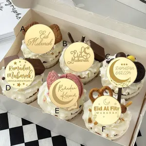 20pcs Eid Mubrak Acrylic Cake Topper Gold Cupcake Toppers Ramadan Kareem Decoration Party Baking Cake Supplies Cream Cake Decorations