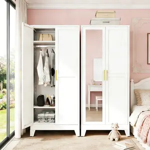 71" Metal Wardrobe Cabinet with Mirror and Hanging Rod, 2-Door Steel Clothing Storage with Adjustable Shelves – Armoire Closet for Bedroom, Laundry Room & Cloak Room  Short & Catchy Style