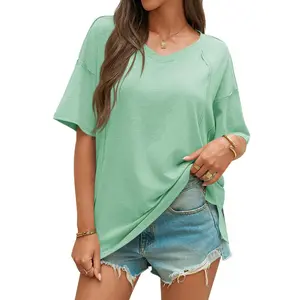 Beotyshow Summer Simple Style Womens Oversized Short Sleeve Casual V Neck Tunic Tops Loose Fit Side Split Basic T-Shirts