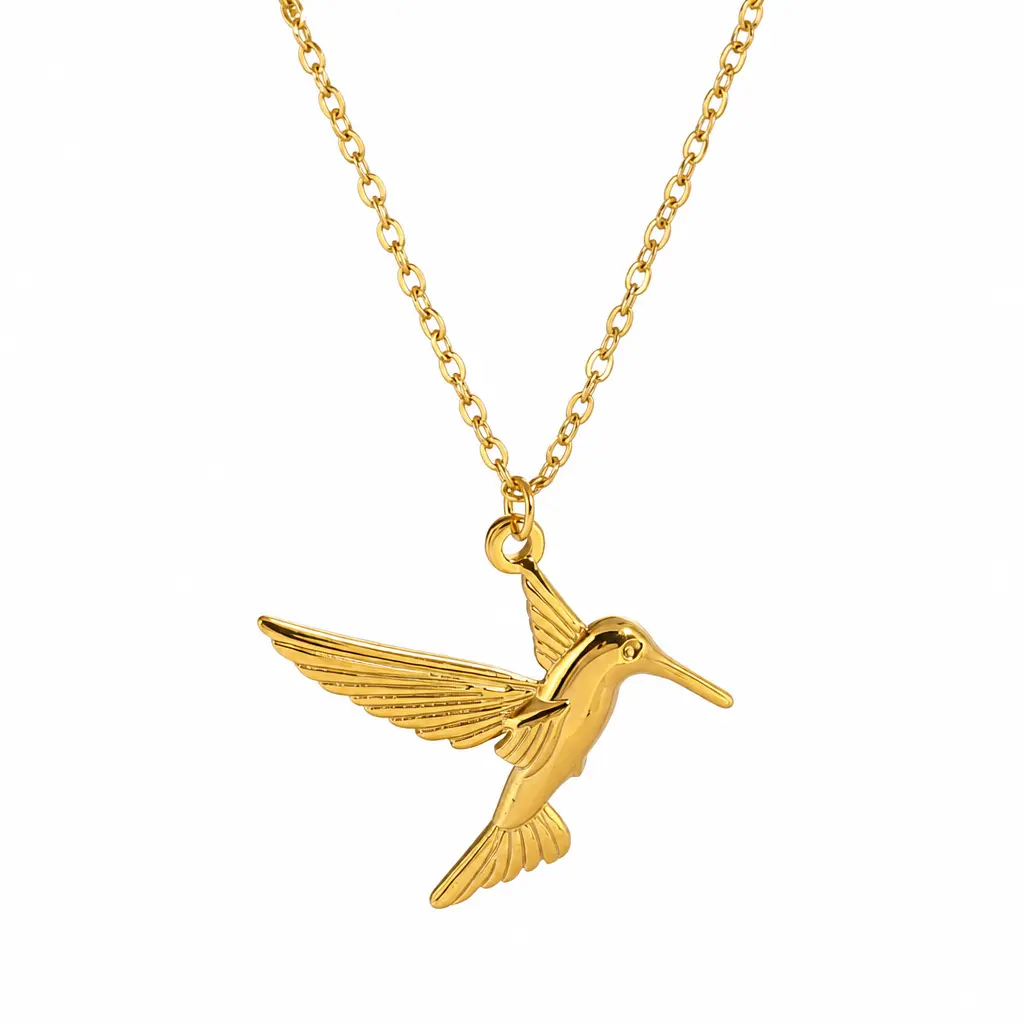 Gold-Tone Sculpted Hummingbird Pendant Necklace with Detailed Wings for Women