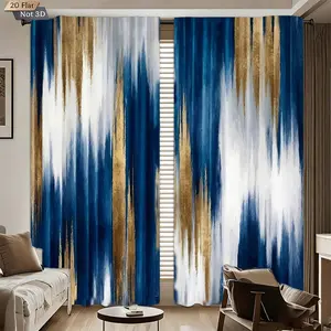 2pcs Creative Blue Gold Gradient Print Curtains, Light Blocking Drapes, Polyester Fiber, Kitchen Bedroom Office Living Room Decor