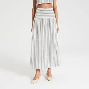 Women's Pleated Curved Yoke Maxi A-Line Skirt - A New Day Navy/Cream/White Striped 16