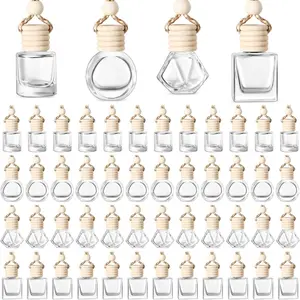 BOTO 100 Pcs Oil Air Freshener Diffuser with Wooden Cap Empty Essential Diffuser Aromatherapy Car Fresheners Clear Car Fragrance Holder Pendant Aesthetic Decor Hanging Perfume Bottle (Various Style)