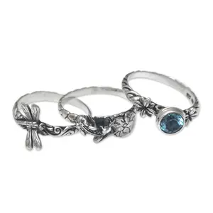 NOVICA Artisan Handmade Blue Topaz Stacking Rings Dragonfly Frog Silver 3 Sterling Indonesia Animal Themed Floral Birthstone 'Garden of Eden'