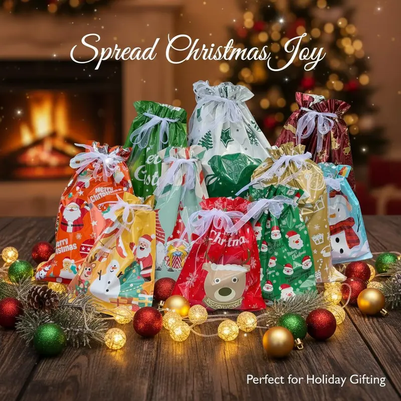 Reusable Drawstring Christmas Gift Bags with Matching Tags - Multi-Size, Assorted Patterns, 10/25/50 Count Options for Birthday, Ceremony
