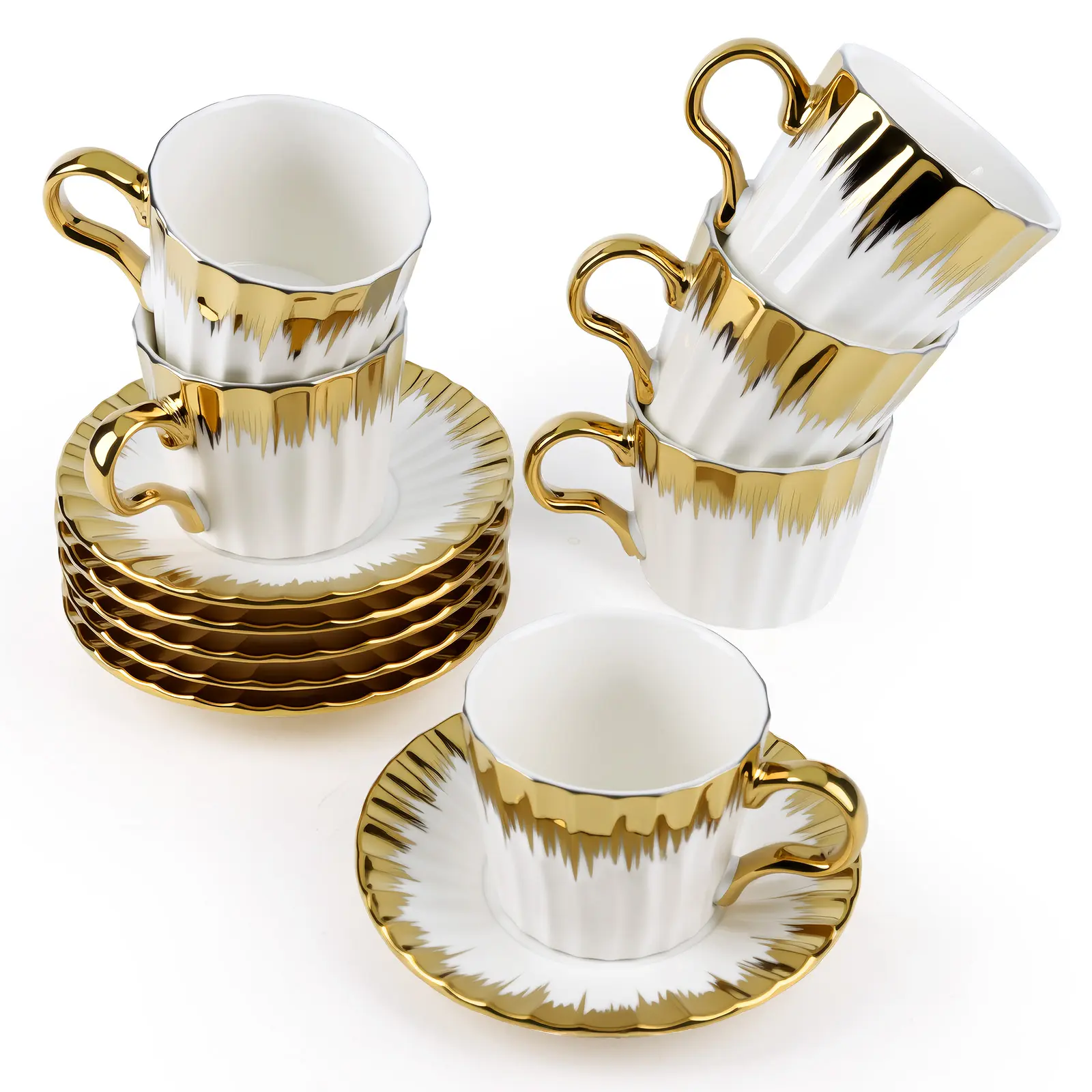 Coffee Cup Set of 6 with Saucers, 3.5 OZ Ceramic Espresso Cups, Deco Golden Turkish Coffee Cup Gift for Cappuccino, Latte, Cafe Mocha and Tea, Dishwasher & Microwave Safe