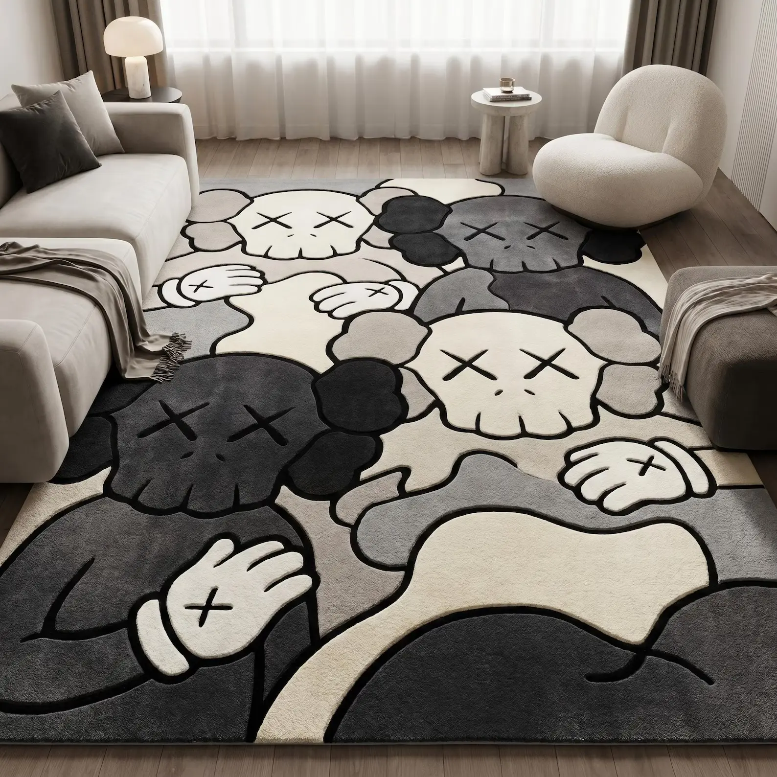 Kaws Style Hand-Tufted Wool Area Rug, Modern Abstract Pop Art High-Pile Hand-Carved Floor Mat, Grey Cream Black, Custom 8x10
