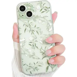 Compatible for iPhone 15 Case Cute Clear Flower Floral Leaves Design for Girls Women Soft TPU Shockproof Protective Girly for iPhone 15-Green Branches