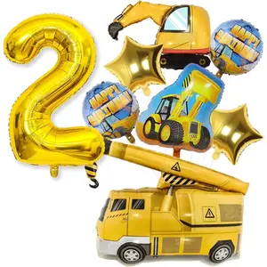 Engineering theme birthday party supplies for 1-4 year olds: 9-piece engineering balloon combination, Party balloons, including golden number "1-4" balloon, large engineering truck pattern, Balloon Decoration