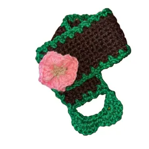 Crochet Cup Sleeve with Pink Flower and Green Edging for Cozy Drinkware