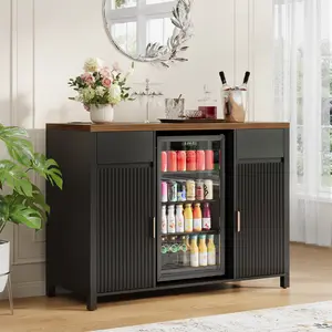 53" Fluted Coffee Bar with Mini Fridge Space & Charging Station, Fits 19.7" Mini Fridge, Fridge Cabinet with Wine Storage, Buffet Sideboard with Wine Rack and Storage for Dining Room