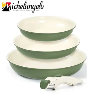MICHELANGELO Nonstick Frying Pan Set Removable Handle, 8" 9.5" and 11" Frying Pans, Skillets with Detachable Handle, Granite Coating Egg Pan, Non Toxic Pans for Cooking, PFOA Free, Oven Safe, Beige