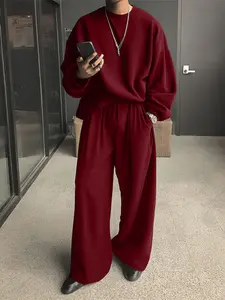 INCERUN Men's Fashion Simple Solid Color Casual Two-Piece Set, Long Sleeve T-Shirt + Pants, Spring & Fall Daily Wear, Comfortable