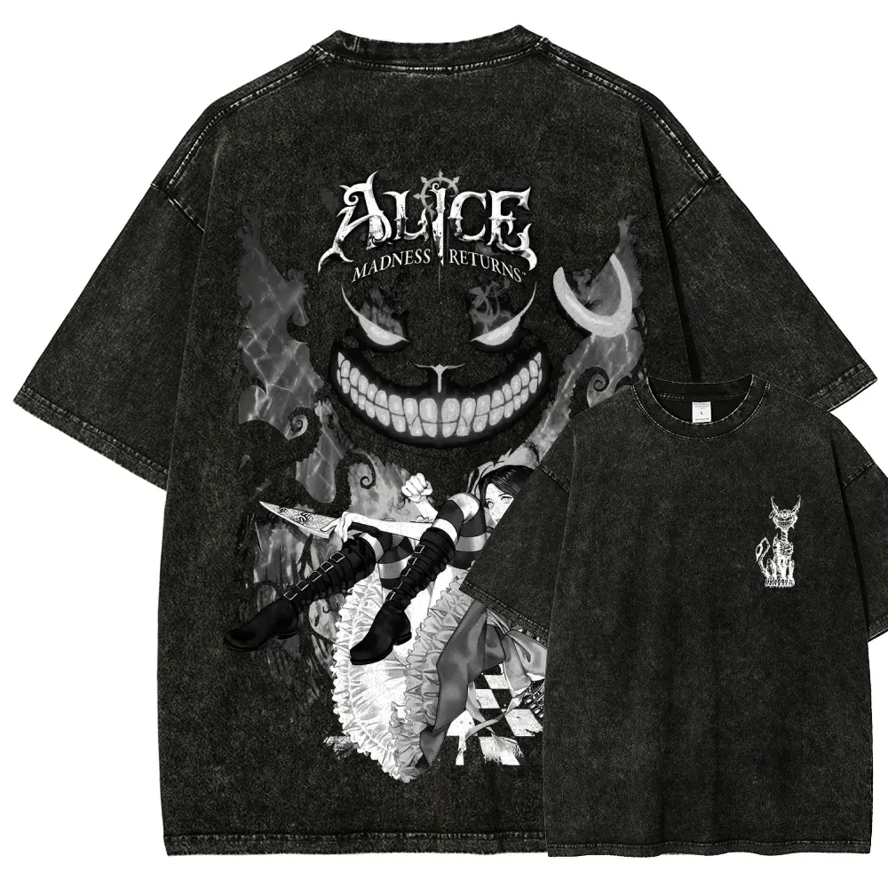 Alice Madness Returns Graphic Washed T Shirt for Men Women, Gothic Anime Cheshire Cat Print Oversized Streetwear Tee, 100% Cotton Vintage Distressed Short Sleeve Top, Unique Y2K Casual Shirt for Daily Wear, Concerts, Parties & Alternative Fashion Lovers