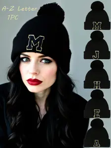 Fashionable Solid Color Knit Hat, Autumn Winter Warm Letter Pattern, Fitted Head Wrap Cap, Outdoor and Daily Wear, Customizable Clothing Accessory, Custom Initials Hat