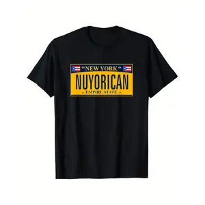 New York Nuyorican License Plate T-Shirt - Puerto Rican Flag Design, Unisex 100% Cotton Casual Round Neck Tee with Slight Stretch, Black with Yellow & Red Graphic, Sizes S-XXXL