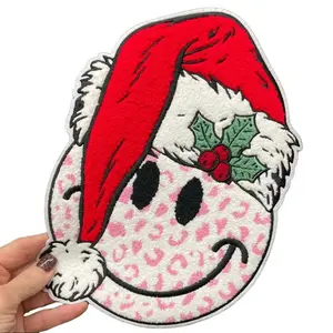 Leopard Smiley Santa Chenille Patch 10x7 inches Christmas Patch for Festive Apparel