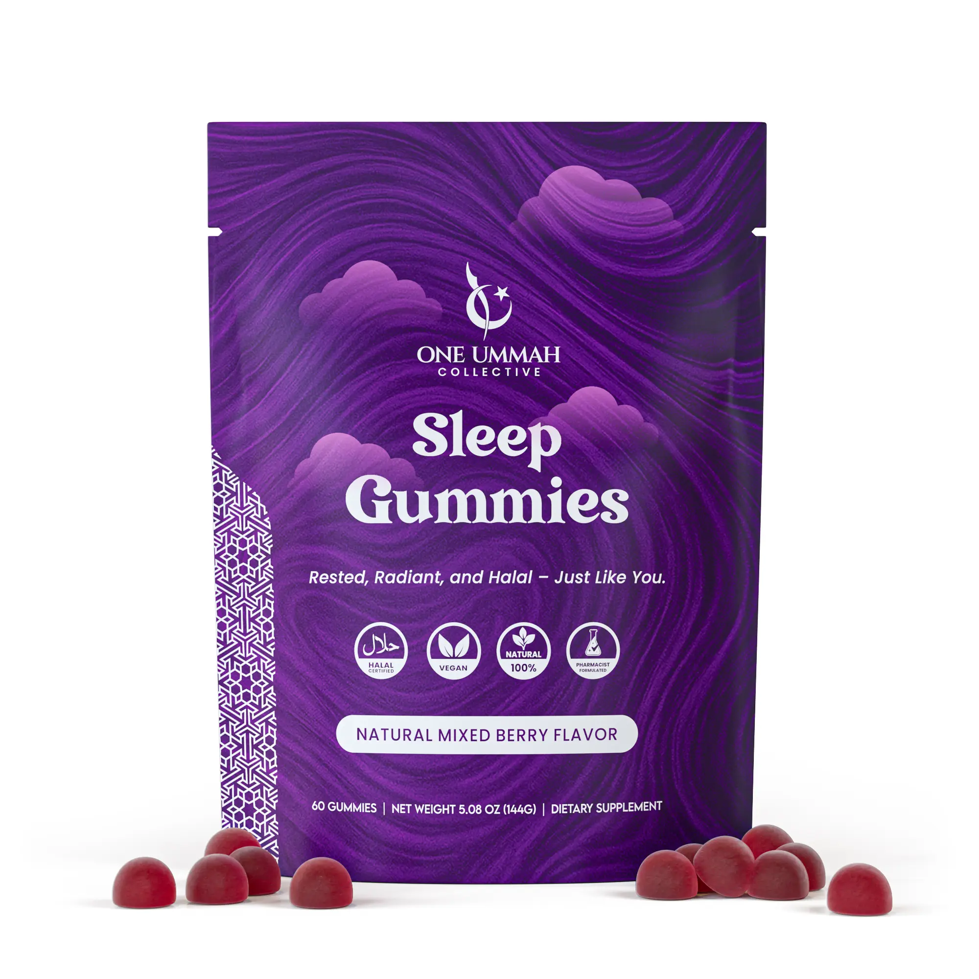 Halal Certified Melatonin Sleep Gummies - 3mg Melatonin, GABA, L-Theanine & Herbal Blend - 60ct Natural Nighttime Relaxation Wellness Supplement