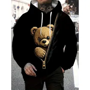 Men'S Casual Hooded Sweatshirt with 3D Bear Zipper Print, 100% Polyester Knit Fabric, Slight Stretch, Regular Fit, Festive Fall/Winter Pullover - Ideal Gift for Men