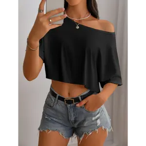 2025 White Elegant Chic Off-Shoulder Ruched Crop Top T-Shirt Semi-Sheer Polyester Blend, hine Washable, Available in All Sizes - Summer Fashion