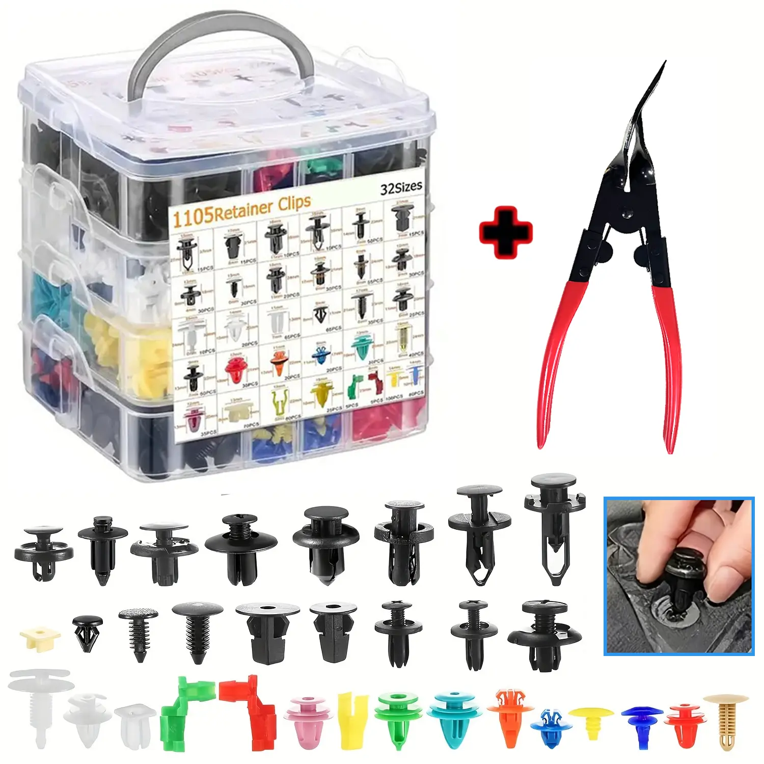 1105 car fixing clips+disassembly clip set, made of PP material, durable rivets, 4-layer plastic fixing clips, with accompanying clip tools, suitable for car body panels, fenders, various car models' car clips, car body parts and accessories