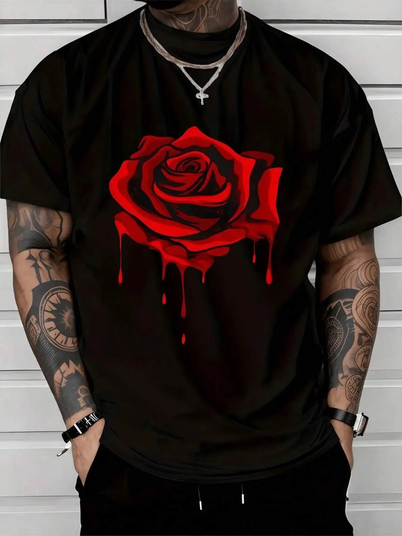 Men's Cotton Short-Sleeve Crew Neck T-Shirt - Dripping Red Rose Graphic, Loose Streetwear Top, Soft Breathable Fabric, Fashion Casual Menswear