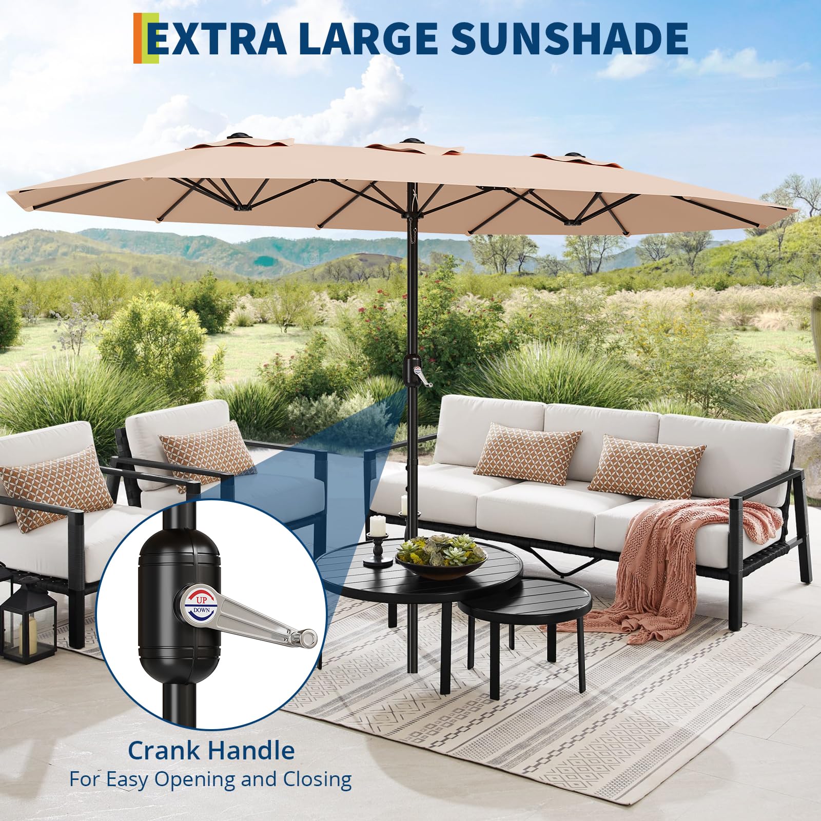 Extra Large 13ft Double-Sided Patio Umbrella, Heavy Duty Windproof Waterproof Rectangular Market Umbrella, Easy Crank Outdoor Shade Canopy for Poolside, Lawn & Backyard