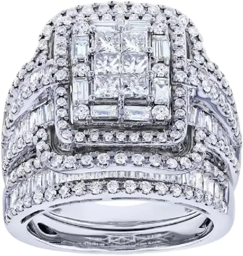 2Pcs Luxury Princess Cut Square Diamond Ring Set Women White Gold Plated Baguette Crystal Stackable Engagement Wedding Bridal Rings
