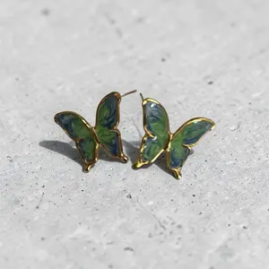 Green Enamel Butterfly Stud Earrings Gold Plated Fashion Jewelry for Women