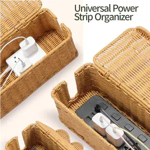 Hand-Woven Rattan Cable Organizer Box - Durable PE Material, Pastoral National Wind Design with Lid, Multi-Compartment Storage for Power Cords, Data Cables, Chargers, Office Supplies Storage|PE Construction, Cable Storage Basket Multifunctional Organizer