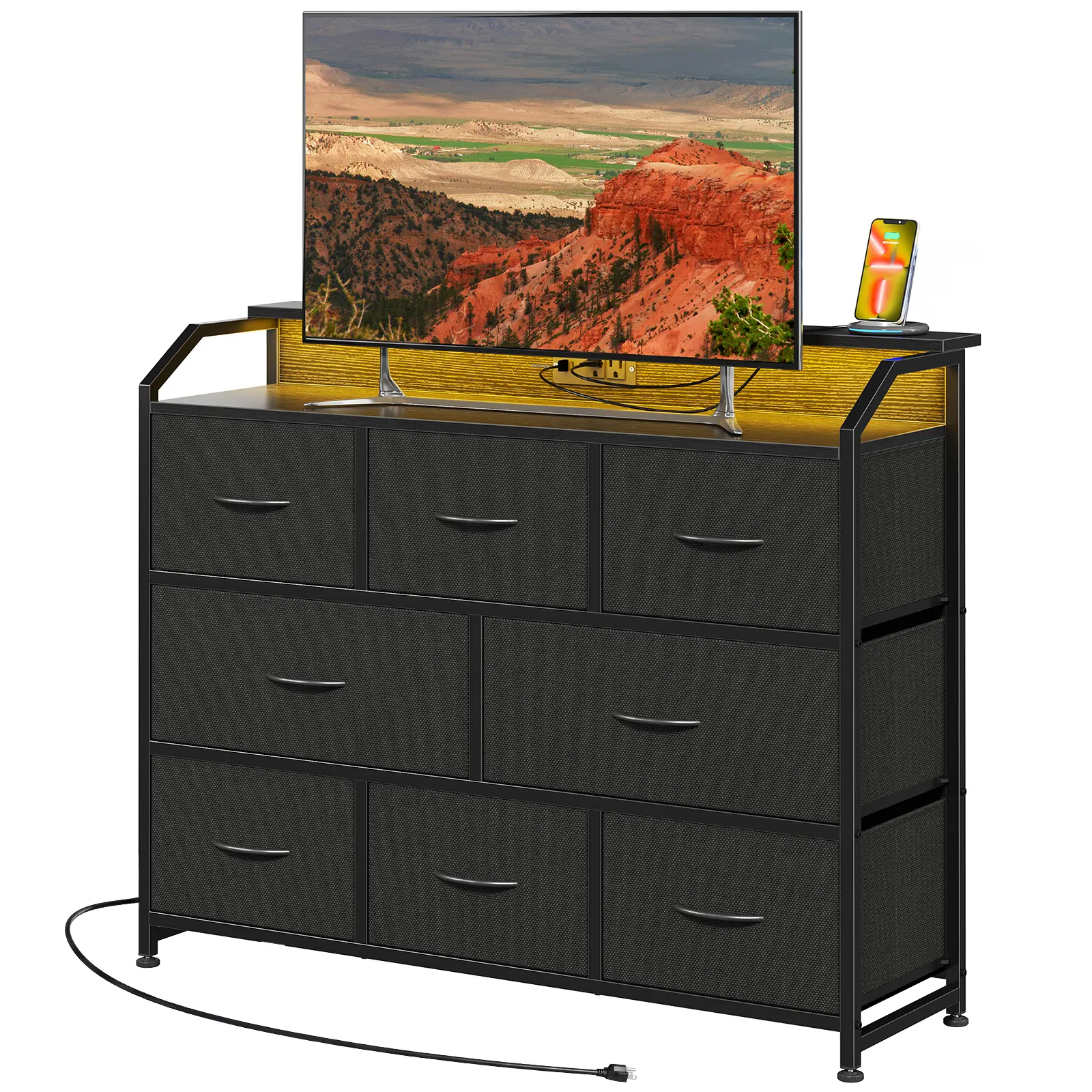 8-Fabric-Drawer Durable Modern Bedroom Dresser - Organizer Storage, Built-In Power Hub, Customizable RGB Lighting, Space-Saving Apartment Furniture for Home Organization Storage (Living Room Media Cabinet)