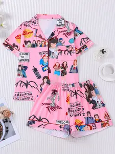 Stranger Things Themed 2-Piece Pajama Set for Women, Cartoon All-Over Print Lapel Short Sleeve Top with Pocket & Elastic Waist Shorts, Pink Girly Style Soft Comfortable Loungewear, All-Season Casual Daily Homewear Sleepwear