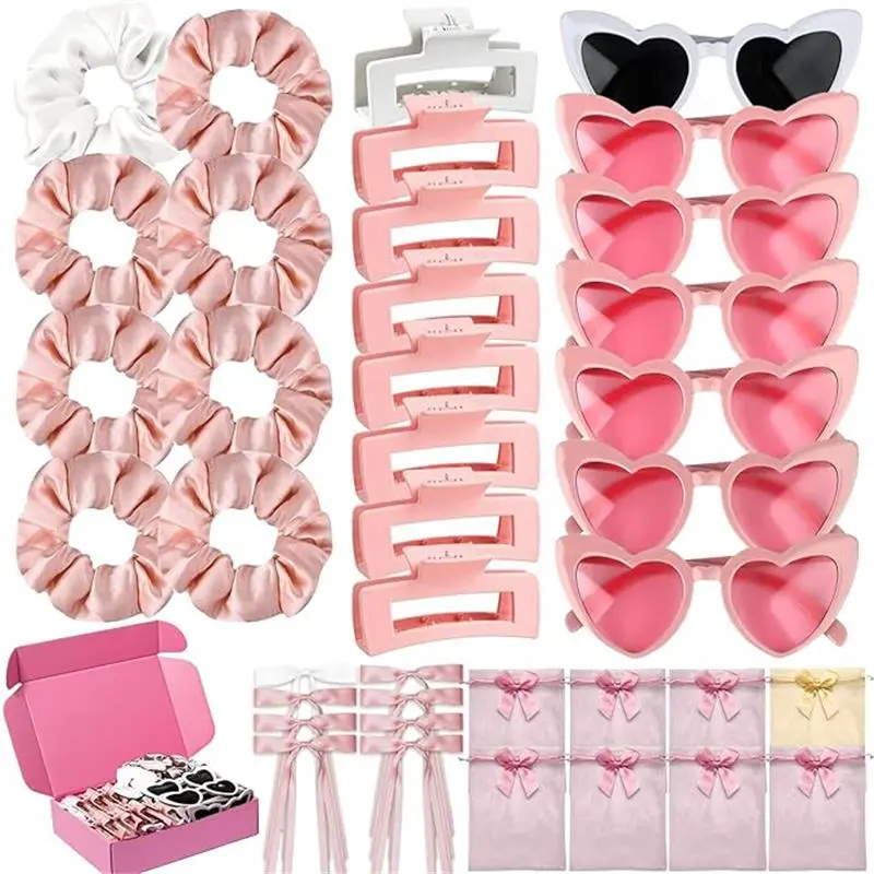 40pcs Valentine gift  Bridesmaid Scrunchies Proposal Gift Set with Scrunchies Hair Claw Bachelorette Bow Clip Heart Shaped Sunglasses Organza Bags for Wedding Party Favors Gift (Pink)