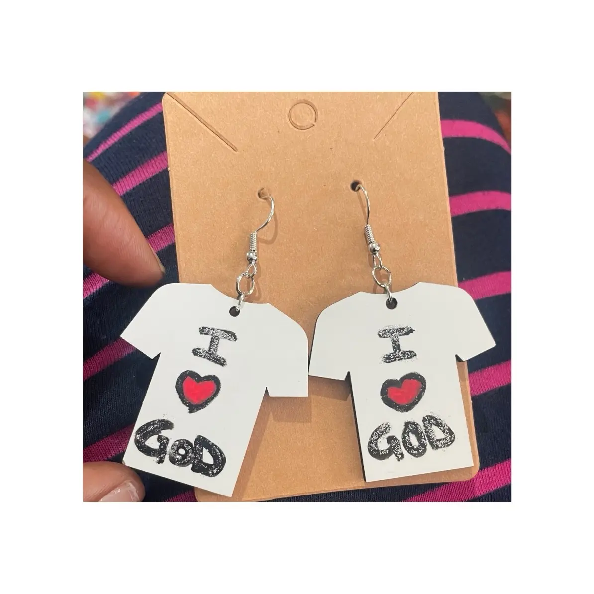 Tiny T-Shirt “i love god” Earrings