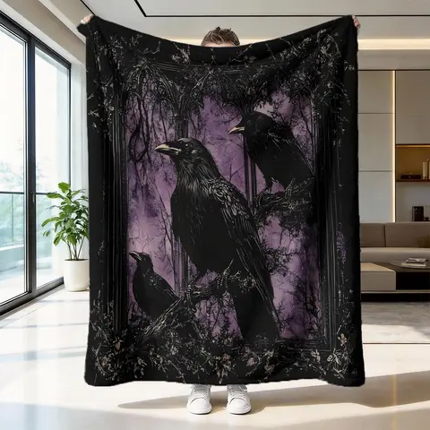 Dark Crow Blanket High-Weight Flannel Fabric, Soft Plush Touch, Warm Insulation, Anti-Wrinkle Easy Clean, Perfect Gift for Gothic Fans, Flannel Cozy Blanket, Heavy Weight Blanket, Blanket Gifts
