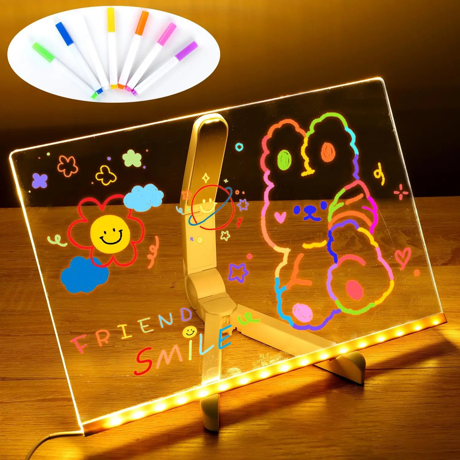 LED Light Up Note Board with 7 Colors Pen, USB Powered Acrylic Message Board with Stand, LED Message Sign Board, Novelty Lighting for Office School Ho