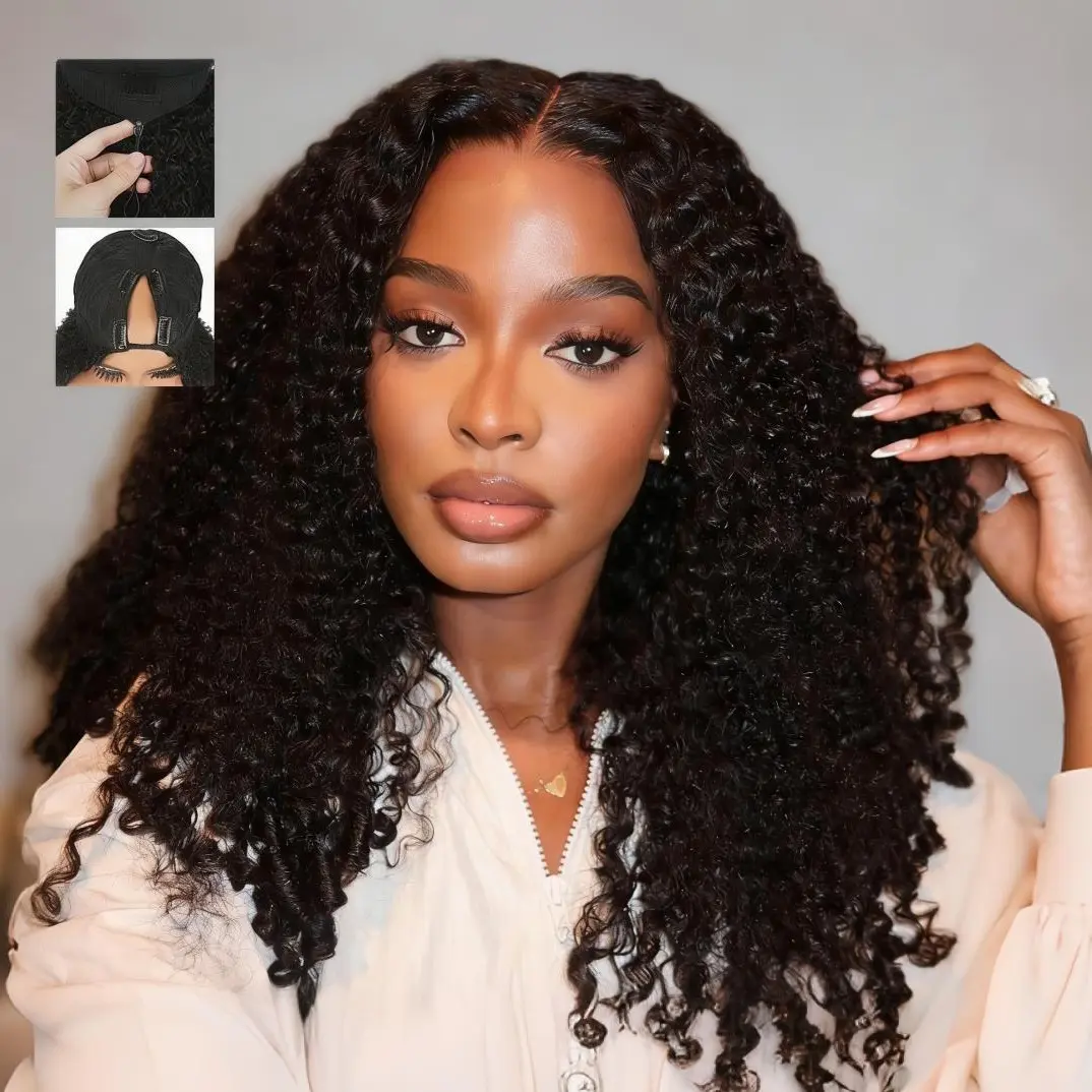 [Burmese V Part]Tuneful Burmese Curly V Part Wigs Human Hair 180% Density Upgrade Human Hair Wigs with Drawstring and Spiral End Glueless Clip in Half Wigs for Black Women 1B Natural Black SummerVibes