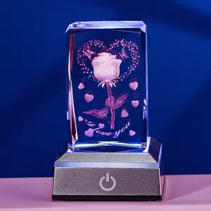 3D Carved Rose Romantic Crystal Ornament, Colorful Lights, USB Powered Battery Operated, Gift for Girlfriend Wife Anniversary Birthday Valentine's Day