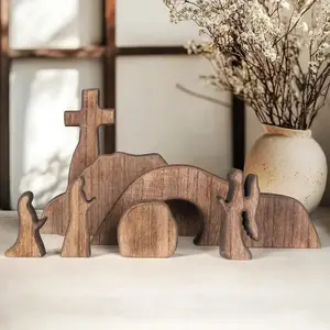 Empty Tomb Easter Scene And Cross Decoration Wooden Easter Resurrection Cross Jesus Tomb Tray Set Jesus Nativity Scene Decor