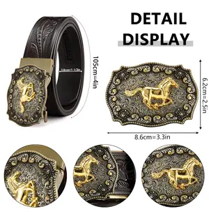 Frontier Western Style Leather Ratchet Belt Adorned with Gilded Equine Pattern and Antiqued Silver Buckle, Intricate Floral Carvings, Premium Cowboy Gift for Festive Occasions brown option