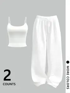 Two-Piece Set Women's Solid Crop Cami Top & Wide Leg Pants, Casual Loungewear Fashion Cozy Outfits for Daily Outdoor Wear, Women Clothes for Spring Fall, Pajama