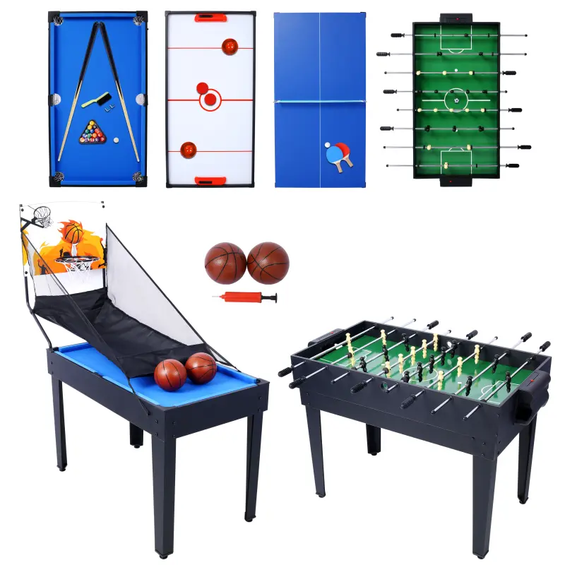 5-in-1 Multi-Game Table for Rec Room - Convertible Billiards, Foosball, Ping Pong, Push Hockey & Basketball Combo w/ Accessories, Compact 43"x24", Black/Blue Combo Game Table Set with Multi Games